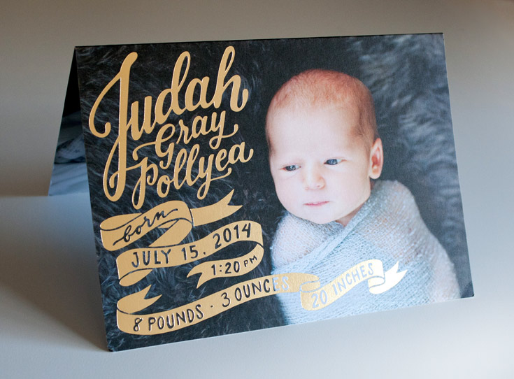 Baby announcement with gold foil lettering by Ezer Calligraphy and Design