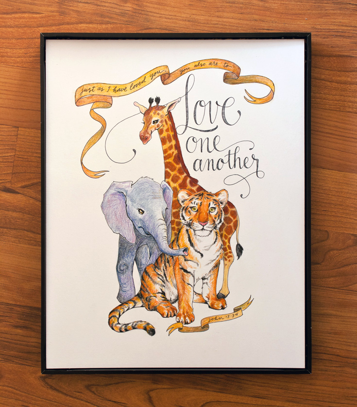 Love one another jungle animal illustration | ezer calligraphy & design