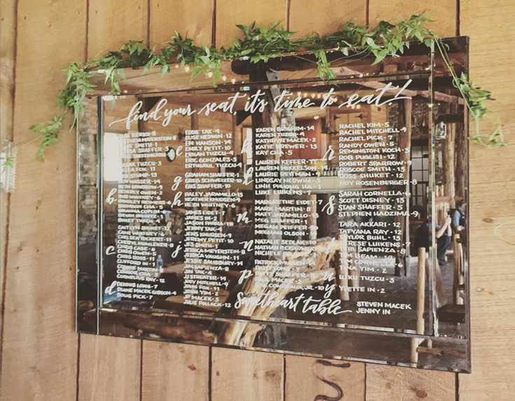 Hand lettered seating chart mirror by Taryn Eklund Ink | Sarah Viera Events