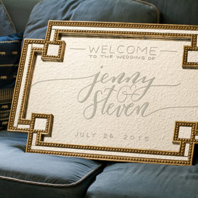 custom calligraphy wedding welcome sign on a mirror | Taryn Eklund Ink